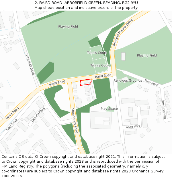 2, BAIRD ROAD, ARBORFIELD GREEN, READING, RG2 9YU: Location map and indicative extent of plot