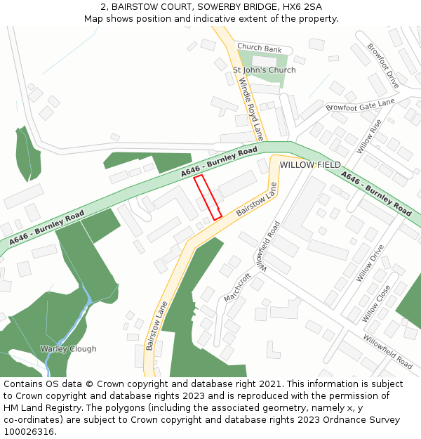 2, BAIRSTOW COURT, SOWERBY BRIDGE, HX6 2SA: Location map and indicative extent of plot