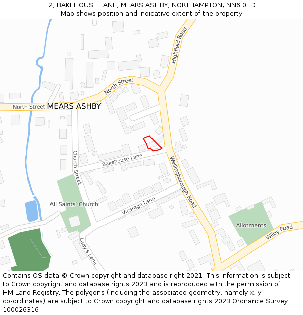 2, BAKEHOUSE LANE, MEARS ASHBY, NORTHAMPTON, NN6 0ED: Location map and indicative extent of plot