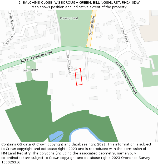 2, BALCHINS CLOSE, WISBOROUGH GREEN, BILLINGSHURST, RH14 0DW: Location map and indicative extent of plot