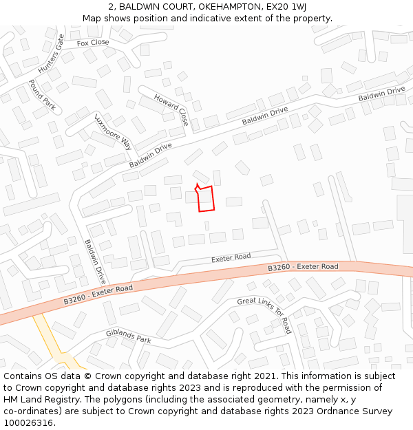 2, BALDWIN COURT, OKEHAMPTON, EX20 1WJ: Location map and indicative extent of plot