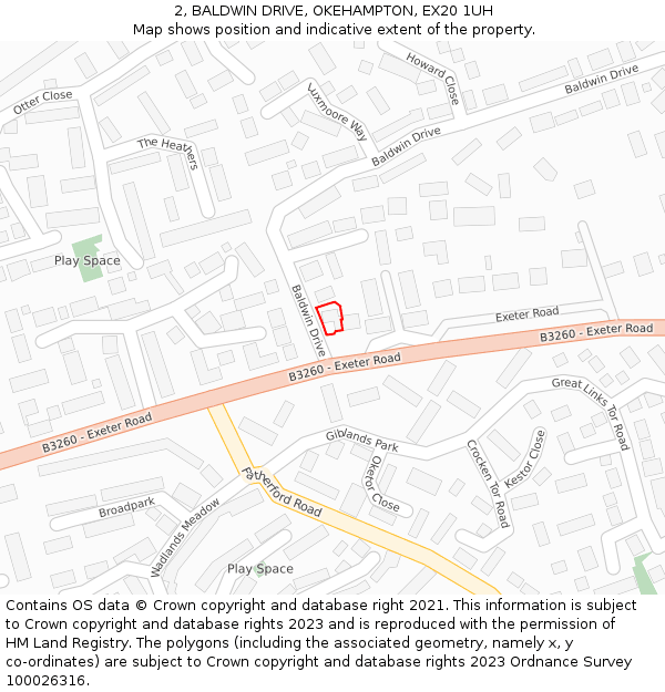 2, BALDWIN DRIVE, OKEHAMPTON, EX20 1UH: Location map and indicative extent of plot
