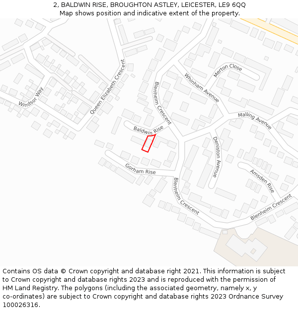 2, BALDWIN RISE, BROUGHTON ASTLEY, LEICESTER, LE9 6QQ: Location map and indicative extent of plot