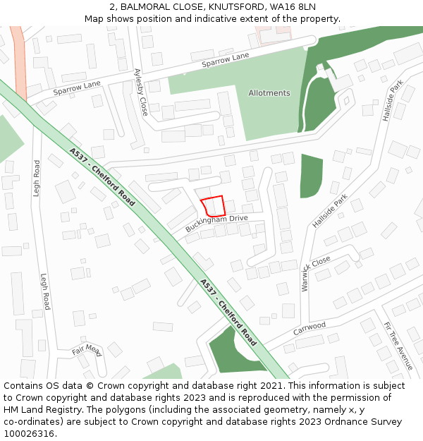 2, BALMORAL CLOSE, KNUTSFORD, WA16 8LN: Location map and indicative extent of plot