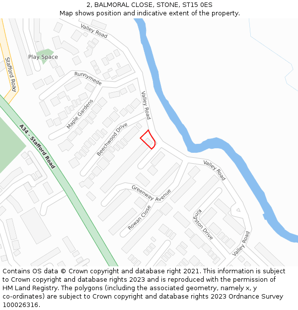 2, BALMORAL CLOSE, STONE, ST15 0ES: Location map and indicative extent of plot