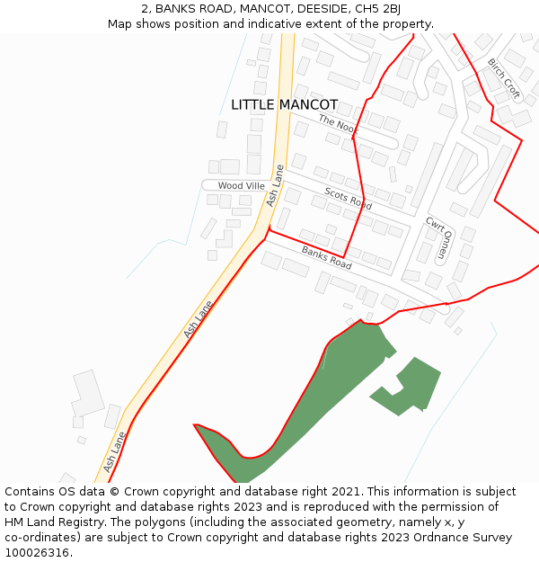 2, BANKS ROAD, MANCOT, DEESIDE, CH5 2BJ: Location map and indicative extent of plot