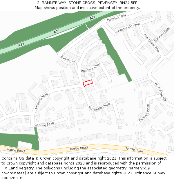 2, BANNER WAY, STONE CROSS, PEVENSEY, BN24 5FE: Location map and indicative extent of plot