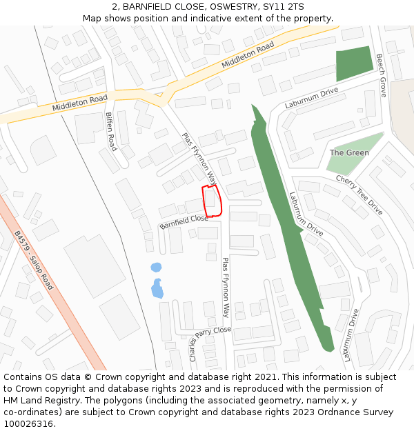 2, BARNFIELD CLOSE, OSWESTRY, SY11 2TS: Location map and indicative extent of plot