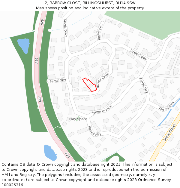 2, BARROW CLOSE, BILLINGSHURST, RH14 9SW: Location map and indicative extent of plot