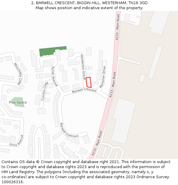 2, BARWELL CRESCENT, BIGGIN HILL, WESTERHAM, TN16 3GD: Location map and indicative extent of plot