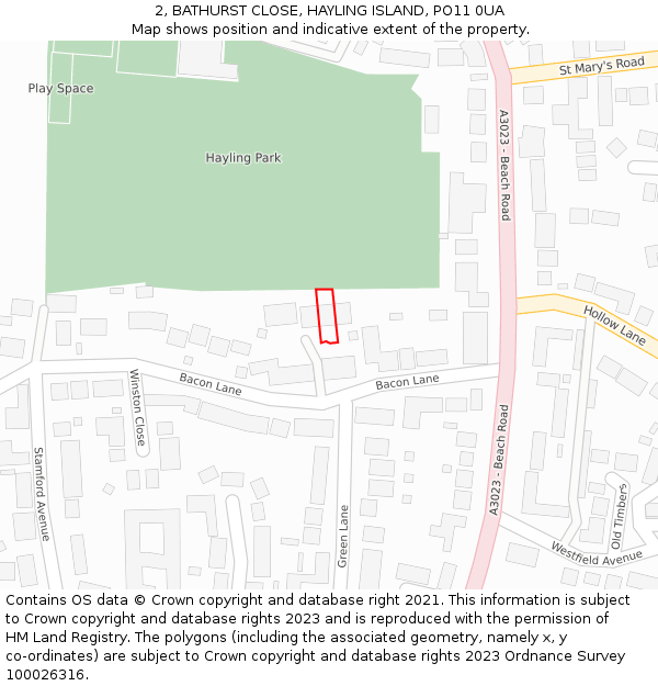 2, BATHURST CLOSE, HAYLING ISLAND, PO11 0UA: Location map and indicative extent of plot