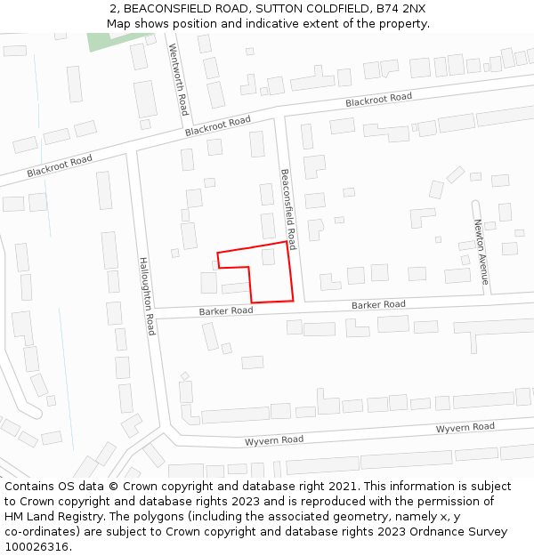 2, BEACONSFIELD ROAD, SUTTON COLDFIELD, B74 2NX: Location map and indicative extent of plot