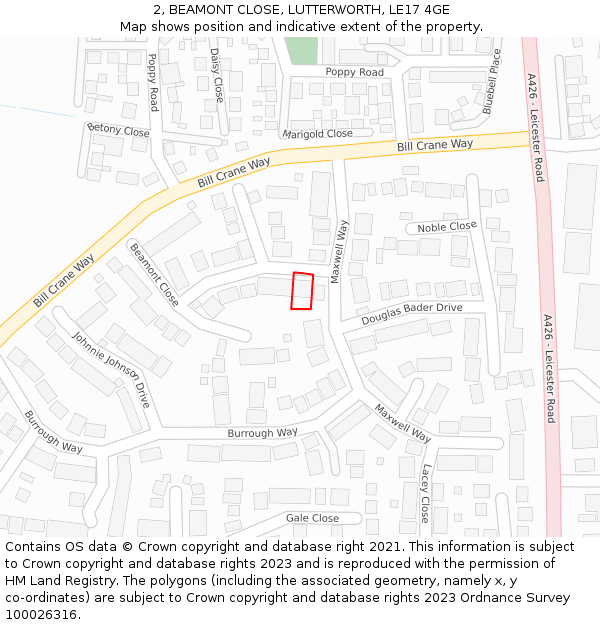 2, BEAMONT CLOSE, LUTTERWORTH, LE17 4GE: Location map and indicative extent of plot