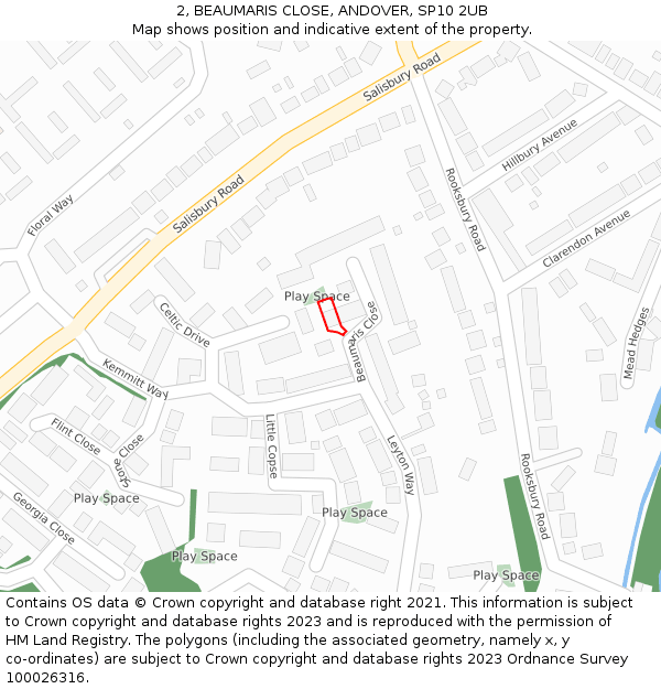 2, BEAUMARIS CLOSE, ANDOVER, SP10 2UB: Location map and indicative extent of plot