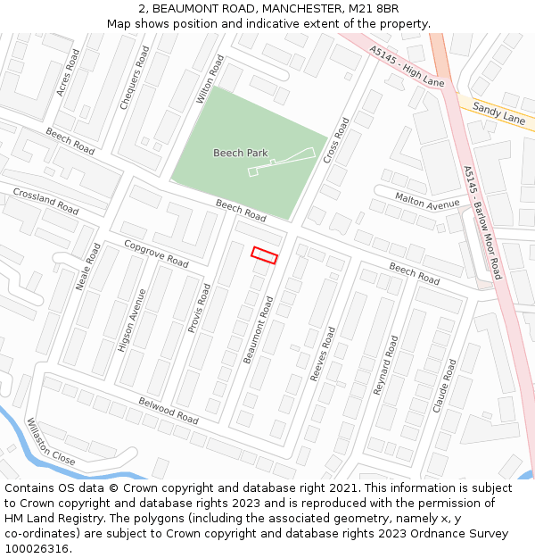 2, BEAUMONT ROAD, MANCHESTER, M21 8BR: Location map and indicative extent of plot