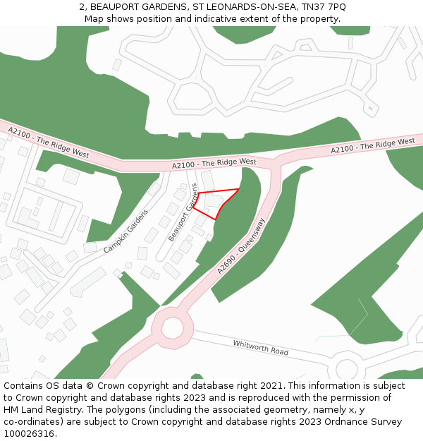 2, BEAUPORT GARDENS, ST LEONARDS-ON-SEA, TN37 7PQ: Location map and indicative extent of plot