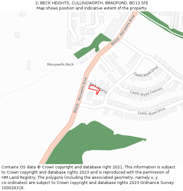 2, BECK HEIGHTS, CULLINGWORTH, BRADFORD, BD13 5FE: Location map and indicative extent of plot