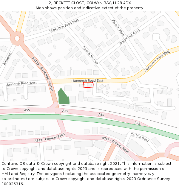 2, BECKETT CLOSE, COLWYN BAY, LL28 4DX: Location map and indicative extent of plot