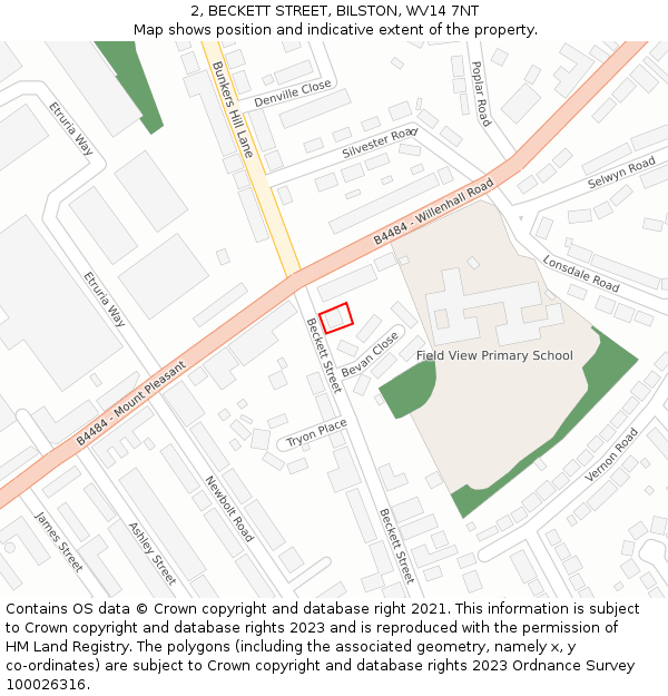 2, BECKETT STREET, BILSTON, WV14 7NT: Location map and indicative extent of plot