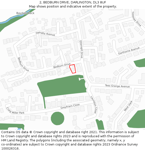 2, BEDBURN DRIVE, DARLINGTON, DL3 8UF: Location map and indicative extent of plot