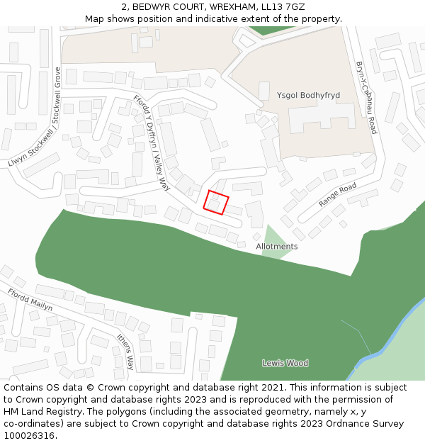 2, BEDWYR COURT, WREXHAM, LL13 7GZ: Location map and indicative extent of plot