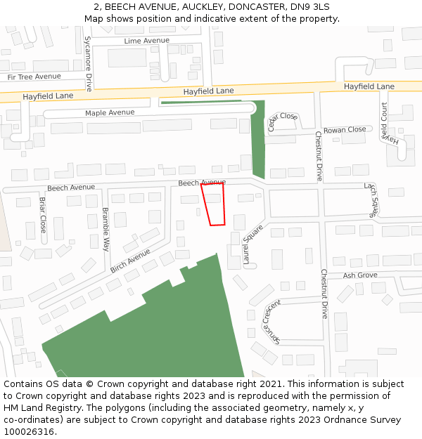 2, BEECH AVENUE, AUCKLEY, DONCASTER, DN9 3LS: Location map and indicative extent of plot