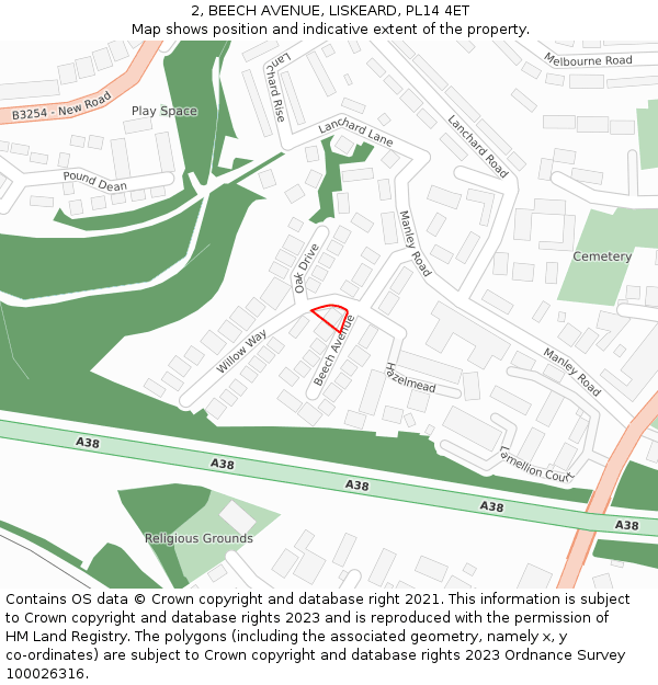 2, BEECH AVENUE, LISKEARD, PL14 4ET: Location map and indicative extent of plot