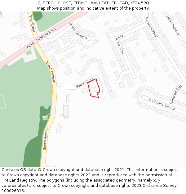 2, BEECH CLOSE, EFFINGHAM, LEATHERHEAD, KT24 5PQ: Location map and indicative extent of plot