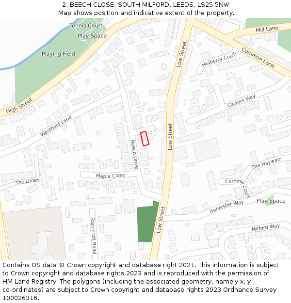 2, BEECH CLOSE, SOUTH MILFORD, LEEDS, LS25 5NW: Location map and indicative extent of plot