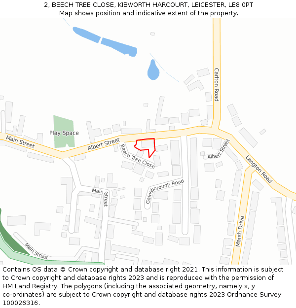 2, BEECH TREE CLOSE, KIBWORTH HARCOURT, LEICESTER, LE8 0PT: Location map and indicative extent of plot