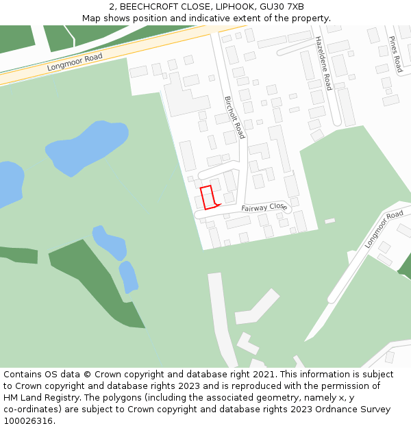 2, BEECHCROFT CLOSE, LIPHOOK, GU30 7XB: Location map and indicative extent of plot