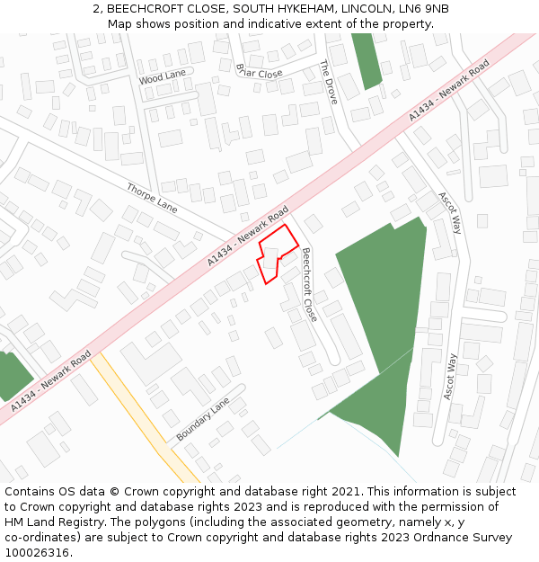 2, BEECHCROFT CLOSE, SOUTH HYKEHAM, LINCOLN, LN6 9NB: Location map and indicative extent of plot