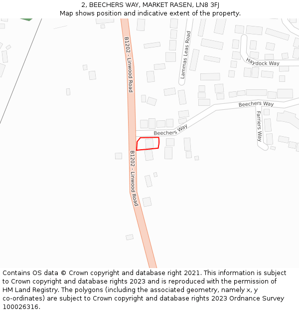 2, BEECHERS WAY, MARKET RASEN, LN8 3FJ: Location map and indicative extent of plot