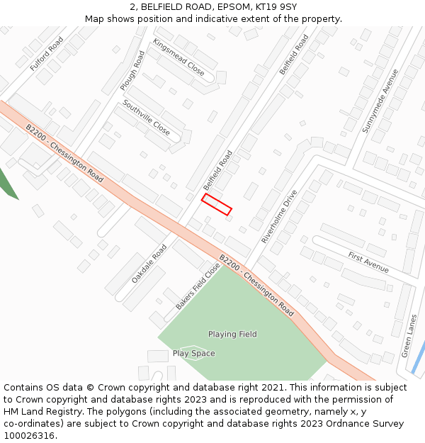 2, BELFIELD ROAD, EPSOM, KT19 9SY: Location map and indicative extent of plot