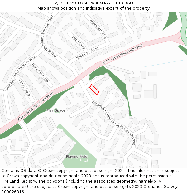 2, BELFRY CLOSE, WREXHAM, LL13 9GU: Location map and indicative extent of plot