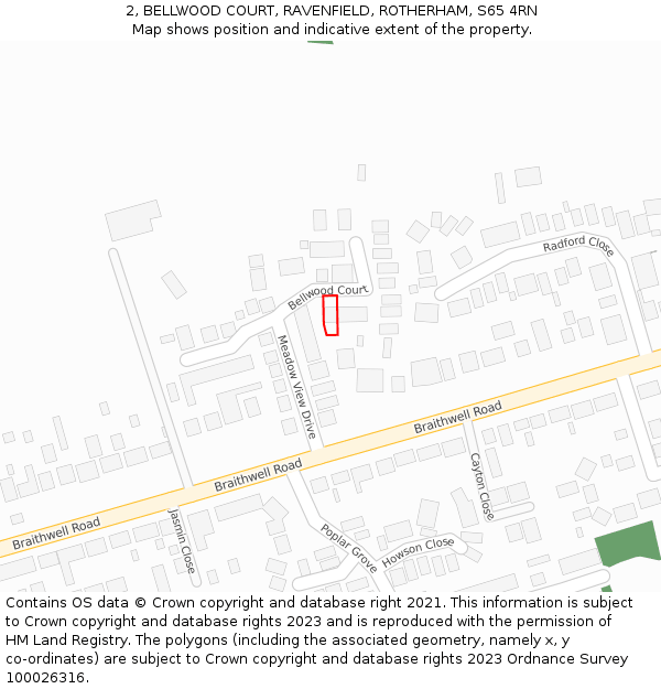 2, BELLWOOD COURT, RAVENFIELD, ROTHERHAM, S65 4RN: Location map and indicative extent of plot