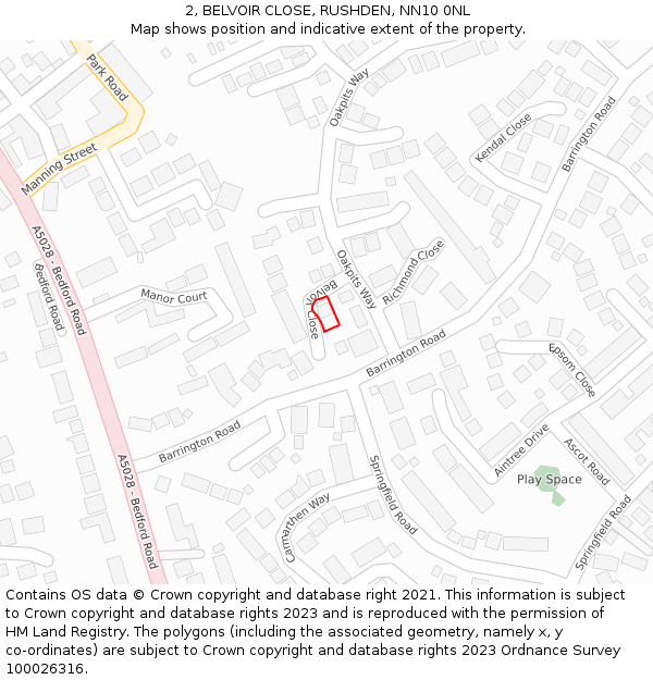 2, BELVOIR CLOSE, RUSHDEN, NN10 0NL: Location map and indicative extent of plot