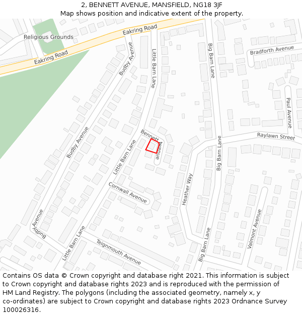 2, BENNETT AVENUE, MANSFIELD, NG18 3JF: Location map and indicative extent of plot