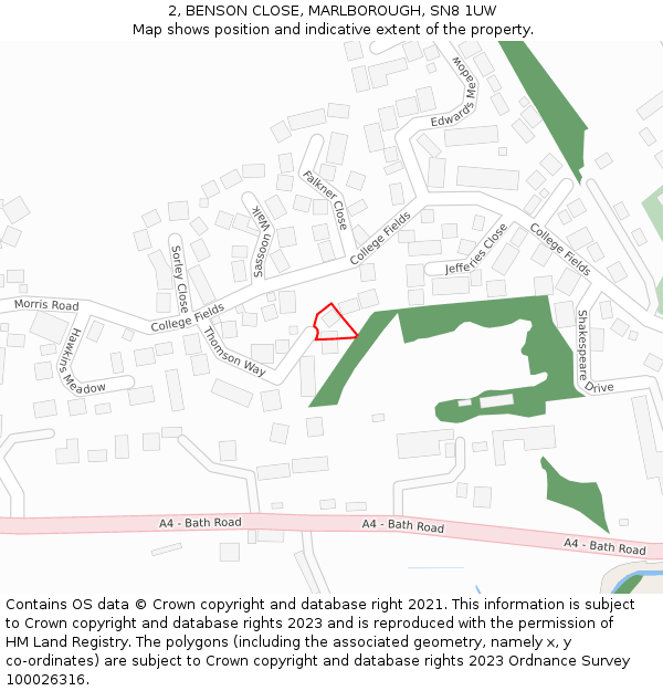 2, BENSON CLOSE, MARLBOROUGH, SN8 1UW: Location map and indicative extent of plot