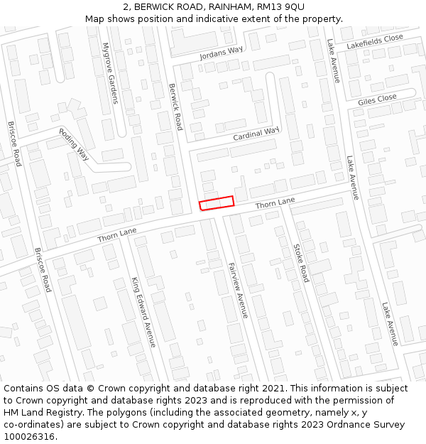 2, BERWICK ROAD, RAINHAM, RM13 9QU: Location map and indicative extent of plot