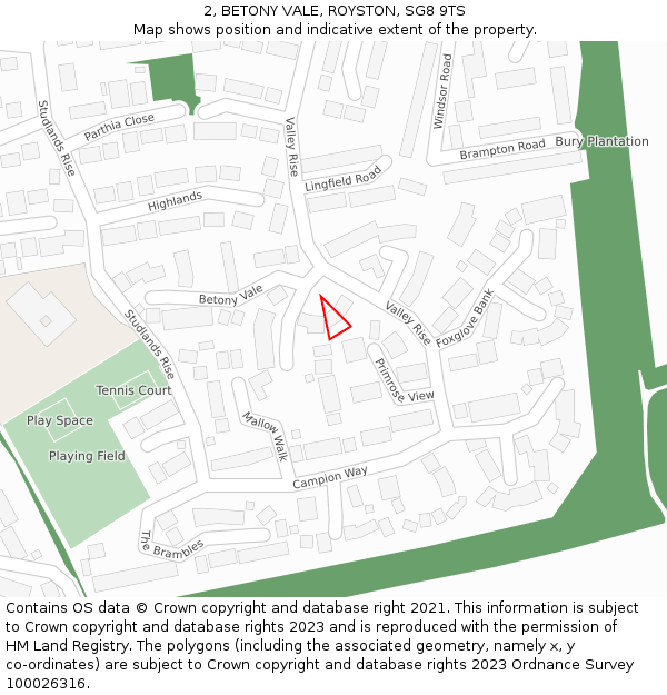 2, BETONY VALE, ROYSTON, SG8 9TS: Location map and indicative extent of plot
