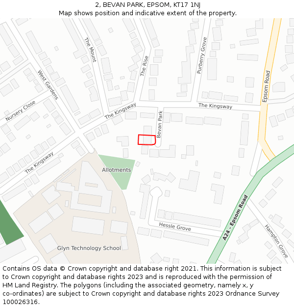 2, BEVAN PARK, EPSOM, KT17 1NJ: Location map and indicative extent of plot