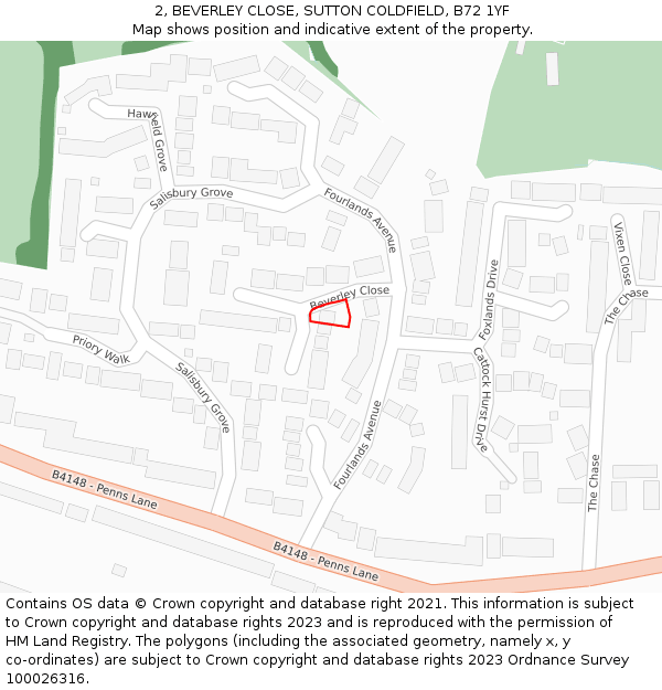 2, BEVERLEY CLOSE, SUTTON COLDFIELD, B72 1YF: Location map and indicative extent of plot