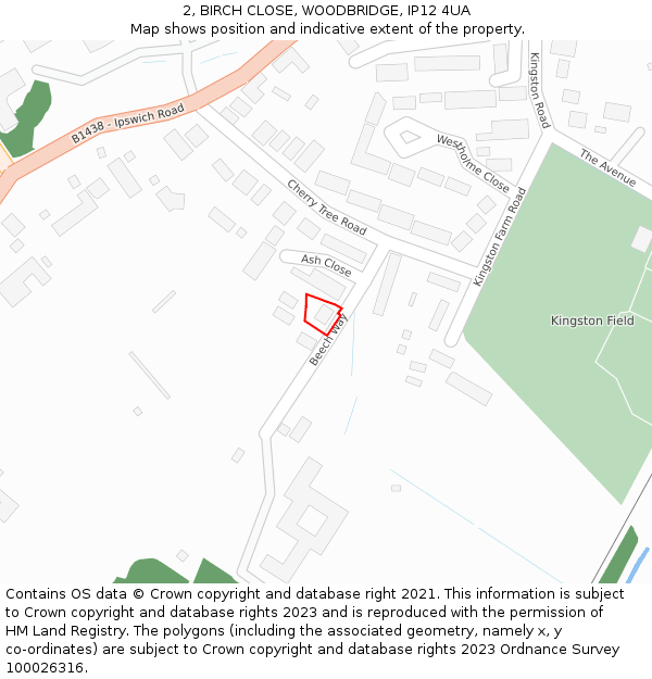 2, BIRCH CLOSE, WOODBRIDGE, IP12 4UA: Location map and indicative extent of plot
