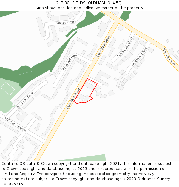 2, BIRCHFIELDS, OLDHAM, OL4 5QL: Location map and indicative extent of plot
