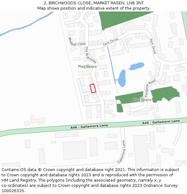 2, BIRCHWOODS CLOSE, MARKET RASEN, LN8 3NT: Location map and indicative extent of plot