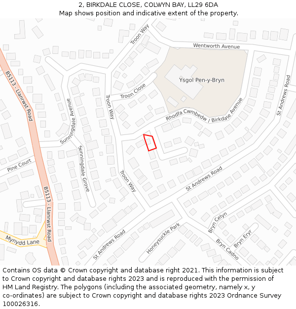 2, BIRKDALE CLOSE, COLWYN BAY, LL29 6DA: Location map and indicative extent of plot