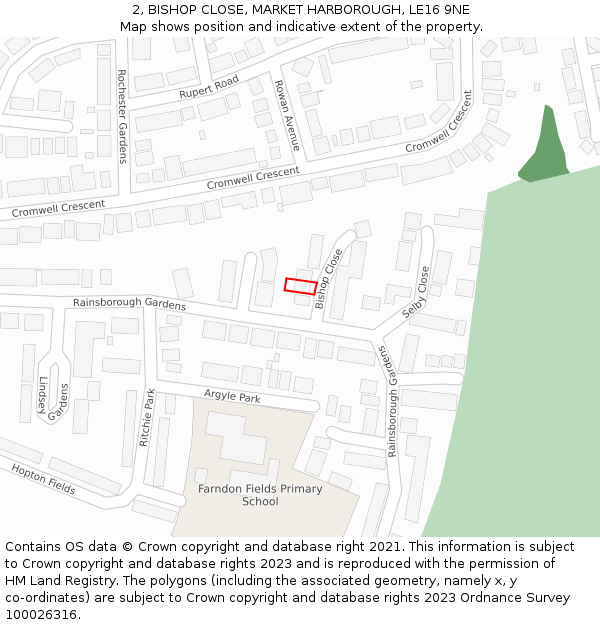 2, BISHOP CLOSE, MARKET HARBOROUGH, LE16 9NE: Location map and indicative extent of plot