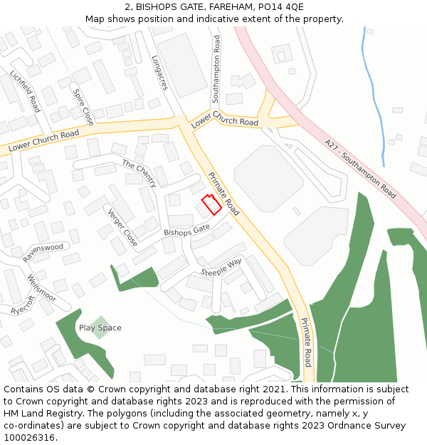 2, BISHOPS GATE, FAREHAM, PO14 4QE: Location map and indicative extent of plot