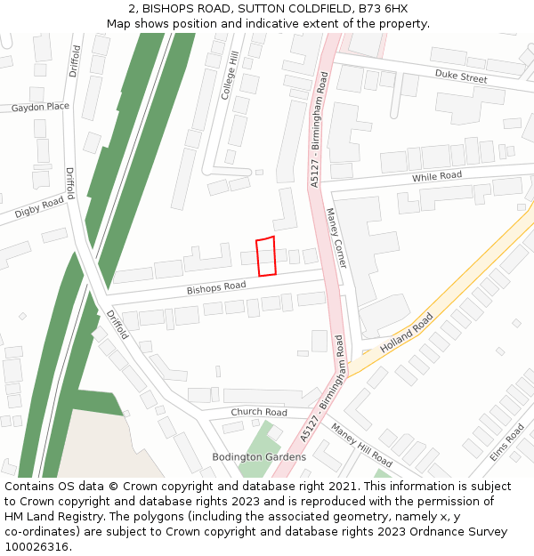 2, BISHOPS ROAD, SUTTON COLDFIELD, B73 6HX: Location map and indicative extent of plot